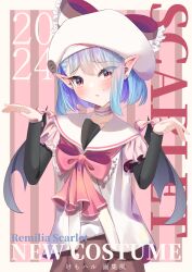 Rule 34 | 1girl, absurdres, bat wings, blue hair, character name, cowboy shot, english text, flandre scarlet, highres, medium hair, neckerchief, open mouth, pointy ears, red eyes, red neckerchief, remilia scarlet, sailor collar, solo, touhou, user ppcr8728, wings