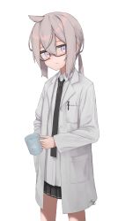 Rule 34 | 1girl, absurdres, black necktie, black skirt, breast pocket, closed mouth, collared shirt, cowlick, cup, dress shirt, girls&#039; frontline, glasses, grey hair, hair between eyes, highres, holding, holding cup, lab coat, looking at viewer, low ponytail, m200 (girls&#039; frontline), necktie, origumi, pen, pleated skirt, pocket, purple eyes, shark print, shirt, sidelocks, signature, simple background, skirt, white background, white shirt