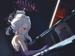 Rule 34 | 1girl, absurdres, black horns, blue archive, blush, closed mouth, demon horns, dress, elbow gloves, gloves, grand piano, grey hair, halo, highres, hina (blue archive), hina (dress) (blue archive), horns, instrument, jewelry, kulomi, long hair, multiple horns, necklace, official alternate costume, official alternate hairstyle, piano, piano keys, profile, purple dress, purple eyes, purple gloves, smile, solo, strapless, strapless dress