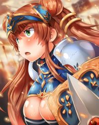 Rule 34 | 1girl, armor, bad id, bad twitter id, belko, blush, breasts, brown hair, cleavage cutout, clothing cutout, commentary request, double bun, green eyes, highres, kanpani girls, large breasts, leifang law, looking away, open mouth, shield, shoulder armor, solo, pauldrons, sweat, upper body