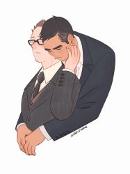 Rule 34 | 2boys, absurdres, black hair, black suit, blush, brown hair, cleft chin, closed eyes, couple, cropped torso, dark-skinned male, dark skin, formal, glasses, hand on another&#039;s face, harold finch (person of interest), highres, hug, hug from behind, john reese (person of interest), looking at another, male focus, mature male, multiple boys, person of interest, rectangular eyewear, short hair, simple background, siusai, suit, thick eyebrows, white background, yaoi