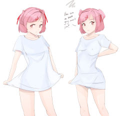 Rule 34 | 1girl, 9 9bird, :/, :t, blouse, bra strap, breast conscious, breasts, covered erect nipples, cowboy shot, doki doki literature club, english text, hair ribbon, highres, looking at viewer, meme, multiple views, natsuki (doki doki literature club), no pants, pajamas challenge, panties, panty peek, pink eyes, pink hair, pout, red ribbon, ribbon, shirt, short hair, simple background, sketch, small breasts, swept bangs, t-shirt, taut clothes, taut shirt, two side up, underwear, white background, white shirt