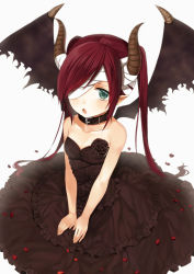 Rule 34 | 1girl, bandages, blush, collar, demon girl, green eyes, horns, long hair, midorikawa you, original, petals, pointy ears, red hair, simple background, sitting, solo, white background, wings