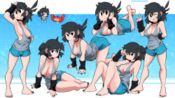 Rule 34 | 1girl, arm behind back, arm support, arm warmers, armpits, ass, bare shoulders, barefoot, black choker, black eyes, black hair, black nails, blue shorts, breasts, chibi, choker, cleavage, closed mouth, clothes pull, collarbone, commentary, crab, english commentary, furrowed brow, grey tank top, grin, hair up, hand on own head, hand up, hands on own face, highres, kneeling, large breasts, light frown, long hair, looking ahead, looking at viewer, lucia (scott malin), lying, multiple views, nail polish, no bra, on floor, on stomach, one eye closed, original, patreon username, pout, scott malin, shirt pull, shorts, sidelocks, sitting, smile, standing, tank top, v