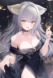 Rule 34 | 1girl, animal ears, backless dress, backless outfit, black background, breasts, chalice, commission, cup, dress, earrings, fox ears, grey hair, highres, holding, holding cup, indie virtual youtuber, jewelry, kurage cc, large breasts, long hair, makeup, multiple earrings, neck ring, open clothes, open dress, open mouth, rouge (makeup), skeb commission, very long hair, virtual youtuber, yellow eyes, yuzuriha aine