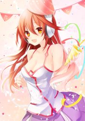 Rule 34 | 1girl, blush, breasts, brown eyes, brown hair, headphones, highres, kokone (vocaloid), long hair, looking at viewer, mofuruo, open mouth, skirt, sleeveless, smile, solo, vocaloid