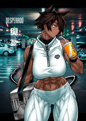 Rule 34 | 1girl, abs, absurdres, animal ears, bag, brown hair, car, cat ears, cat girl, cat tail, copyright name, crop top, dark-skinned female, dark skin, desperado (yotaro), drink, earrings, english text, highres, jewelry, looking to the side, mao (yotaro), motor vehicle, muscular, muscular female, open mouth, revision, solo, sportswear, straw, tail, tail ornament, tail ring, teeth, thick thighs, thighs, veins, yellow eyes, yotaro, zipper