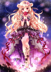 Rule 34 | 10s, 1girl, ange vierge, ankle cuffs, anklet, barefoot, black dress, blonde hair, covering own mouth, double bun, dress, flower, flower on head, frilled dress, frills, gradient background, hair bun, hair flower, hair ornament, holding, jewelry, long hair, looking at viewer, lots of jewelry, nogi takayoshi, original, red eyes, rose, solo