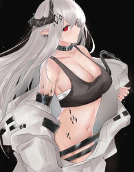 Rule 34 | 1girl, absurdres, arknights, bandages, bare shoulders, black background, breasts, chest sarashi, collar, collarbone, cowboy shot, ear piercing, hair ribbon, highres, horns, infection monitor (arknights), large breasts, long hair, looking at viewer, material growth, mudrock (arknights), mudrock (elite ii) (arknights), navel, niuwajun, no panties, off shoulder, open clothes, oripathy lesion (arknights), parted lips, piercing, pointy ears, red eyes, ribbon, sarashi, silver hair, simple background, solo, sports bra, stomach, undressing, very long hair