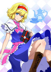 Rule 34 | 1girl, alice margatroid, argyle, argyle background, argyle clothes, blonde hair, blue dress, blue eyes, book, boots, capelet, cross-laced footwear, cup, dress, grimoire, grimoire of alice, hairband, k2isu, lolita hairband, looking at viewer, sash, short hair, smile, solo, teacup, teapot, touhou