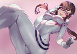 Rule 34 | 1girl, ass, blue eyes, bodysuit, breasts, brown hair, covered navel, evangelion: 3.0+1.0 thrice upon a time, glasses, long hair, looking at viewer, makinami mari illustrious, medium breasts, neon genesis evangelion, open mouth, plugsuit, rebuild of evangelion, red-framed eyewear, shiny clothes, skin tight, smille, solo, teeth, twintails, white bodysuit, yoshimoto (dear life)