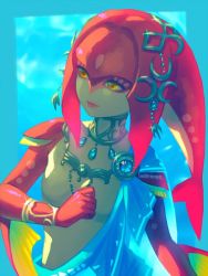Rule 34 | 1girl, bellhenge, breasts, colored skin, fins, fish girl, hair ornament, jewelry, long hair, mipha, monster girl, multicolored skin, nintendo, no eyebrows, red hair, red skin, smile, solo, the legend of zelda, the legend of zelda: breath of the wild, yellow eyes, zora