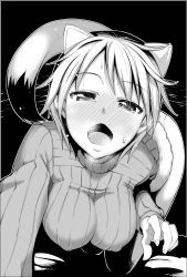 Rule 34 | 10s, 1girl, :o, akino sora, all fours, animal ears, blush, brave witches, breasts, covered erect nipples, ferret ears, ferret tail, greyscale, highres, in heat, large breasts, looking at viewer, monochrome, naughty face, nikka edvardine katajainen, open mouth, panties, panties under pantyhose, pantyhose, ribbed sweater, short hair, solo, strike witches, sweat, sweatdrop, sweater, tail, underwear, world witches series