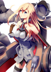 Rule 34 | 10s, 1girl, bismarck (kancolle), blonde hair, blue eyes, breasts, detached sleeves, gloves, hat, unworn hat, unworn headwear, highres, kantai collection, konkito, long hair, military, military hat, military uniform, personification, solo, thighhighs, uniform