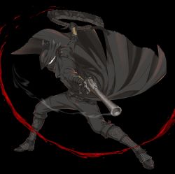 Rule 34 | 1boy, arizuka (catacombe), bloodborne, boots, cloak, coat, gloves, gun, hat, highres, holding, holding weapon, hunter (bloodborne), male focus, mask, mouth mask, saw, saw cleaver, short hair, solo, standing, tricorne, weapon