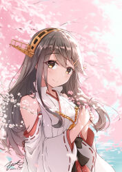 Rule 34 | 1girl, absurdres, bare shoulders, black hair, blush, brown eyes, cherry blossoms, closed mouth, dated, detached sleeves, fritz614, hair between eyes, hair ornament, hairband, hairclip, haruna (kancolle), headgear, highres, japanese clothes, kantai collection, long hair, nontraditional miko, ribbon-trimmed sleeves, ribbon trim, signature, smile, solo, upper body, white sleeves, wide sleeves