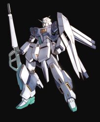 Rule 34 | arm shield, arms at sides, beam rifle, black background, clenched hand, commentary, energy gun, fin funnels, full body, green eyes, gun, gundam, gundam msv, highres, holding, holding gun, holding weapon, mecha, mobile suit, no humans, nu gundam mp type, robot, science fiction, simple background, solo, takahashi masaki, v-fin, weapon