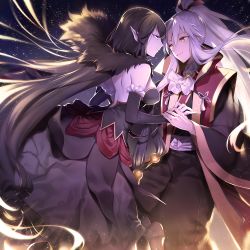 Rule 34 | 1boy, 1girl, absurdly long hair, amakusa shirou (fate), amakusa shirou (third ascension) (fate), bare shoulders, black dress, black gloves, black hair, breasts, brown eyes, cape, dark skin, detached sleeves, dress, elbow gloves, fate/apocrypha, fate (series), fur trim, gloves, hair ribbon, hetero, highres, holding hands, large breasts, long dress, long hair, looking at another, partially fingerless gloves, pointy ears, ponytail, ribbon, semiramis (fate), sidelocks, sky, star (sky), starry sky, stole, very long hair, white hair, wowishi, yellow eyes