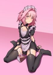 Rule 34 | 1boy, absurdres, alternate costume, astolfo (fate), black gloves, black ribbon, black thighhighs, blush, bulge, cake, cream, cream on body, cream on face, enmaided, fate/apocrypha, fate/grand order, fate (series), fingerless gloves, food, food on face, frills, gloves, hair ornament, hej (pixiv13035031), highres, long hair, looking at viewer, maid, maid headdress, male focus, pink background, pink hair, purple eyes, ribbon, simple background, solo, thighhighs, trap, whipped cream