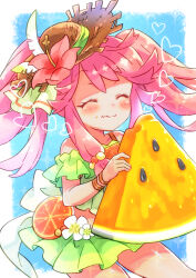 Rule 34 | 1girl, bare shoulders, bikini, brown hat, cantaloupe, cantaloupe slice, closed eyes, closed mouth, dragalia lost, ekra, flower, food, food on face, fruit, green bikini, hair flower, hair ornament, hat, heart, highres, holding, holding food, holding fruit, long hair, notte (dragalia lost), official alternate costume, official alternate hairstyle, pink hair, smile, solo, sun hat, swimsuit