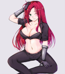 Rule 34 | 1girl, black gloves, black jacket, black pants, blush, breasts, collarbone, cropped jacket, feet out of frame, gloves, grey background, hand up, highres, jacket, katarina (league of legends), large breasts, league of legends, navel, one eye closed, pants, popoman, red hair, simple background, sitting, solo