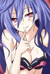 Rule 34 | 1girl, blue hair, earrings, finger to mouth, iris heart, iwashi dorobou -r-, jewelry, kami jigen game neptune v, long hair, looking at viewer, neptune (series), power symbol, power symbol-shaped pupils, red eyes, smile, solo, symbol-shaped pupils, upper body