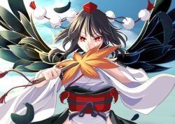 Rule 34 | 1girl, amanoyayuki, bird wings, black hair, black wings, cloud, day, detached sleeves, feathers, hand fan, hat, highres, holding, holding fan, japanese clothes, kourindou tengu costume, leaf fan, looking at viewer, official alternate costume, open hand, pom pom (clothes), red eyes, shameimaru aya, short hair, sky, solo, tokin hat, touhou, wide sleeves, wind, wings