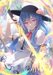 Rule 34 | 1girl, absurdres, black hat, blue hair, blue skirt, breasts, buttons, chiroru (cheese-roll), closed mouth, collared shirt, fruit hat ornament, hair between eyes, hat, hat ornament, highres, hinanawi tenshi, holding, holding sword, holding weapon, long hair, medium breasts, peach hat ornament, puffy short sleeves, puffy sleeves, rainbow order, red eyes, shirt, short sleeves, skirt, solo, sword, sword of hisou, touhou, weapon, white shirt