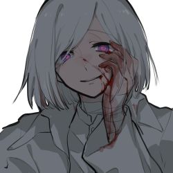 Rule 34 | 1boy, akahito (akaironotanin), akudama drive, backlighting, bandages, bandaged arm, bandaged neck, bandages, blood, blood on face, blood on hands, crazy eyes, cutthroat (akudama drive), hair between eyes, hand on own cheek, hand on own face, jacket, looking at viewer, male focus, purple eyes, shirt, short hair, simple background, smile, solo, white background, white hair, white jacket, white shirt