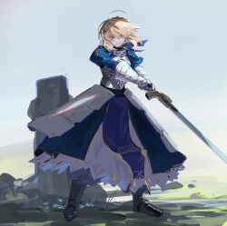 Rule 34 | 1girl, :|, ahoge, armor, armored dress, artoria pendragon (all), artoria pendragon (fate), blonde hair, blue dress, blue ribbon, blush, breastplate, closed mouth, dress, excalibur (fate/stay night), fate/stay night, fate (series), frilled dress, frills, full body, gauntlets, green eyes, hair between eyes, hair ribbon, highres, holding, holding sword, holding weapon, juliet sleeves, layered clothes, long bangs, long hair, long sleeves, looking at viewer, outdoors, own hands together, pelvic curtain, puffy sleeves, ribbon, sabaton, saber (fate), serious, sidelocks, solo, standing, sword, ubwmitekure, weapon