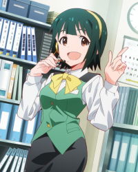 Rule 34 | 10s, 1girl, :d, artist request, bow, bowtie, brown eyes, green hair, hairband, headset, idolmaster, idolmaster (classic), idolmaster million live!, mole, mole under mouth, official art, open mouth, otonashi kotori, short hair, smile