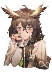 Rule 34 | 1girl, antenna hair, arknights, armband, blush, brown eyes, brown hair, brown nails, commentary request, cropped torso, expulse, feather hair, glasses, hair between eyes, hand on own chin, hand up, head rest, highres, long sleeves, looking at viewer, nail, pointy hair, rhine lab logo, round eyewear, short hair, silence (arknights), simple background, solo, upper body, white background