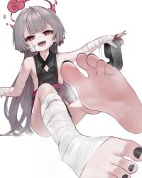 Rule 34 | 1girl, bandages, barefoot, blue archive, dokomon, feet, foot focus, geta, grey hair, highres, long hair, looking at viewer, open mouth, pointy ears, red eyes, shoes, shuro (blue archive), single shoe, soles, solo, steam, toes, unworn shoes