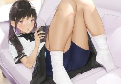 Rule 34 | 1girl, ama mitsuki, bike shorts, black bow, black hair, black neckwear, black sailor collar, black skirt, blush, bow, closed mouth, commentary request, couch, dated, indoors, kneehighs, knees together feet apart, knees up, lips, long hair, lying, nintendo switch, on back, on couch, original, pillow, pink lips, playing games, purple eyes, sailor collar, school uniform, serafuku, shirt, short sleeves, shorts, shorts under skirt, signature, skirt, socks, solo, twintails, upskirt, white shirt, white socks