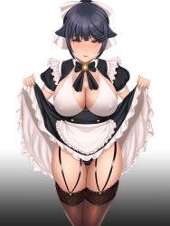 Rule 34 | 1girl, absurdres, alternate costume, apron, azur lane, black dress, black hair, black panties, bow, breasts, brown thighhighs, cleavage, covered erect nipples, dress, enmaided, framed breasts, frilled apron, frills, garter straps, gradient background, grey background, highres, large breasts, looking at viewer, maid, panties, puffy short sleeves, puffy sleeves, rakuri (rwrn5475), shiny skin, short sleeves, solo, takao (azur lane), thighhighs, underwear, waist apron, white apron, white bow, yellow eyes