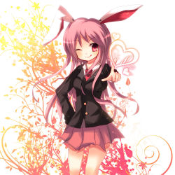 Rule 34 | 1girl, :q, ;q, animal ears, blazer, breasts, rabbit ears, female focus, hand on own hip, heart, hip focus, jacket, ke-a-ru, long hair, necktie, one eye closed, pink eyes, pink hair, plant, pleated skirt, pointing, reisen udongein inaba, skirt, smile, solo, tongue, tongue out, touhou, white background, wink