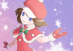 Rule 34 | 1girl, :d, absurdres, blue eyes, brown hair, christmas, fur trim, haruka (saru getchu), hat, highres, looking at viewer, open mouth, outstretched hand, saru getchu, short hair, smile, snowflakes, solo, supure647