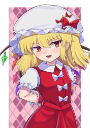 Rule 34 | 1girl, absurdres, ascot, bat wings, blonde hair, bow, crystal, dokushu yanagi5322, fang, flandre scarlet, frilled shirt, frilled shirt collar, frilled skirt, frilled sleeves, frills, hat, hat ribbon, highres, mob cap, puffy short sleeves, puffy sleeves, red bow, red eyes, red ribbon, red skirt, red vest, ribbon, shirt, short hair, short sleeves, side ponytail, skirt, skirt set, touhou, vest, white bow, white shirt, wings, wrist cuffs, yellow ascot