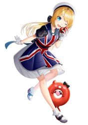 Rule 34 | 1girl, apron, black neckwear, blonde hair, blue eyes, blue sailor collar, commentary, dress, enemy lifebuoy (kancolle), english commentary, gloves, hat, heart, jervis (kancolle), kantai collection, mary janes, open mouth, sailor collar, sailor dress, sailor hat, shoes, short sleeves, smile, union jack, unowen, valentine, white background, white dress, white gloves, white hat