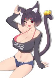 Rule 34 | 1girl, absurdres, animal ear fluff, animal ears, ayuko (mochiayuko), azur lane, bell, black hair, bra, breasts, cat ears, cat girl, cat tail, cleavage, fang, highres, huge breasts, mismatched eyebrows, nail polish, official alternate costume, open mouth, pink nails, red bra, red eyes, shirt, short hair, shorts, simple background, single bare shoulder, sitting, skin fang, solo, tail, tail bell, tail ornament, torn clothes, torn shirt, torn shorts, underwear, white background, yamashiro (azur lane), yamashiro (vacation offensive!) (azur lane)