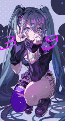 Rule 34 | 1girl, 39, alternate costume, aqua hair, arm warmers, blue eyes, blue thighhighs, full body, hair ornament, hairclip, hatsune miku, highres, hitokoto, jewelry, long hair, long sleeves, looking at viewer, miku day, multiple rings, ok sign, parted lips, purple footwear, ring, shorts, shrug (clothing), single arm warmer, single thighhigh, solo, squatting, sticker on face, thigh strap, thighhighs, torn clothes, torn thighhighs, very long hair, vocaloid, white shorts