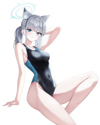 Rule 34 | 1girl, animal ears, arm up, bare hips, blue archive, blue eyes, breasts, competition swimsuit, earrings, halo, highres, jewelry, looking at viewer, medium breasts, navel, one-piece swimsuit, ponytail, rable, shiroko (blue archive), shiroko (swimsuit) (blue archive), simple background, skin tight, skindentation, smile, solo, swimsuit, thighs, white background, white hair