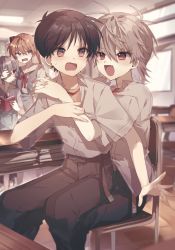 Rule 34 | 2boys, 2girls, :d, ayanami rei, belt, black pants, blue eyes, blue hair, blue skirt, blush, book, brown hair, chair, classroom, closed mouth, covering another&#039;s eyes, desk, fang, feet out of frame, glaring, grey hair, hair between eyes, hand on another&#039;s arm, highres, holding, holding book, ikari shinji, indoors, interface headset, jealous, long hair, looking at another, multiple boys, multiple girls, nagisa kaworu, neon genesis evangelion, on chair, open book, open mouth, orange hair, pants, red eyes, school chair, school desk, school uniform, shirasunuko, shirt, short hair, short sleeves, sitting, sitting on lap, sitting on person, skirt, pants, smile, souryuu asuka langley, suspender skirt, suspenders, sweatdrop, tokyo-3 middle school uniform, two side up, v-shaped eyebrows, white shirt, yaoi