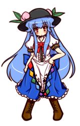 Rule 34 | 1girl, blue hair, blush, bow, cross-laced footwear, eruru (erl), female focus, food, frills, fruit, hat, highres, hinanawi tenshi, leaf, long hair, long skirt, open mouth, peach, red eyes, short sleeves, simple background, skirt, solo, touhou, very long hair