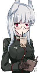 Rule 34 | 1girl, bad id, bad twitter id, blush, book, breasts, bubble tea, bubble tea challenge, cup, drink, drinking, drinking straw, glasses, head wings, heidimarie w. schnaufer, inactive account, large breasts, long hair, looking at viewer, military, military uniform, object on breast, red eyes, shirt, signature, simple background, solo, strike witches, uniform, white background, white hair, wings, world witches series