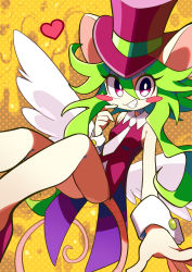 Rule 34 | 1girl, animal ears, blush stickers, breasts, green hair, hat, heart, highres, leotard, mad rat dead, mouse (animal), mouse ears, mouse girl, mouse tail, nippon ichi, rat god, red eyes, tail, top hat, wings, wrist cuffs