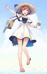 Rule 34 | 1girl, adapted turret, bag, blue sky, brown eyes, brown hair, cannon, cloud, dress, drink, hat, highres, kantai collection, kasumi (skchkko), looking at viewer, off-shoulder dress, off shoulder, official alternate costume, open mouth, round teeth, sandals, short hair, sky, smile, solo, speaking tube headset, straw hat, sun hat, sundress, teeth, torpedo, turret, two-sided fabric, two-sided skirt, upper teeth only, waving, white dress, yukikaze (kancolle)
