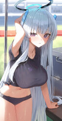 Rule 34 | 1girl, absurdres, alternate costume, arm support, black buruma, black shirt, blue archive, blurry, blurry background, blush, breasts, buruma, collarbone, gnns, grey hair, gym uniform, halo, highres, large breasts, long hair, looking at viewer, mechanical halo, midriff, navel, noa (blue archive), purple eyes, running track, shirt, solo, stomach, straight hair, sweat, tied shirt, very long hair