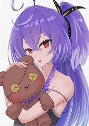 Rule 34 | 1girl, :x, ahoge, alternate costume, black camisole, butterfly hair ornament, button eyes, buttons, camisole, commentary request, cowlick, crossed bangs, fingernails, grey hair, hair between eyes, hair ornament, high ponytail, highres, holding, holding stuffed toy, kyotoki ox, long bangs, long hair, looking at viewer, multicolored hair, nanashi inc., open mouth, purple hair, red eyes, shisui kiki, sidelocks, simple background, smile, solo, strap slip, streaked hair, stuffed animal, stuffed toy, teddy bear, two-tone hair, upper body, very long hair, virtual youtuber, white background