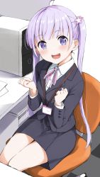 Rule 34 | 1girl, absurdres, blush, cabinet, chair, clenched hands, desk, flower, formal, hair flower, hair ornament, hands up, hard drive, highres, legs together, long hair, looking at viewer, new game!, office, office chair, pink neckwear, purple eyes, purple hair, sitting, skirt, skirt suit, smile, solo, suit, suzukaze aoba, swivel chair, twintails, yanagi marie